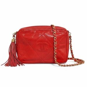 Chanel Camera Bag Red Exotic Lizard w/ Tassel, Chain Strap - Vintage